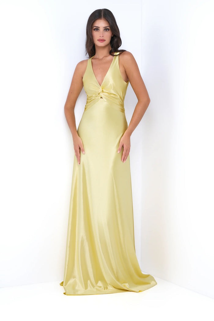 Twist V-neck Yellow Open Back Sheath Maxi Dress