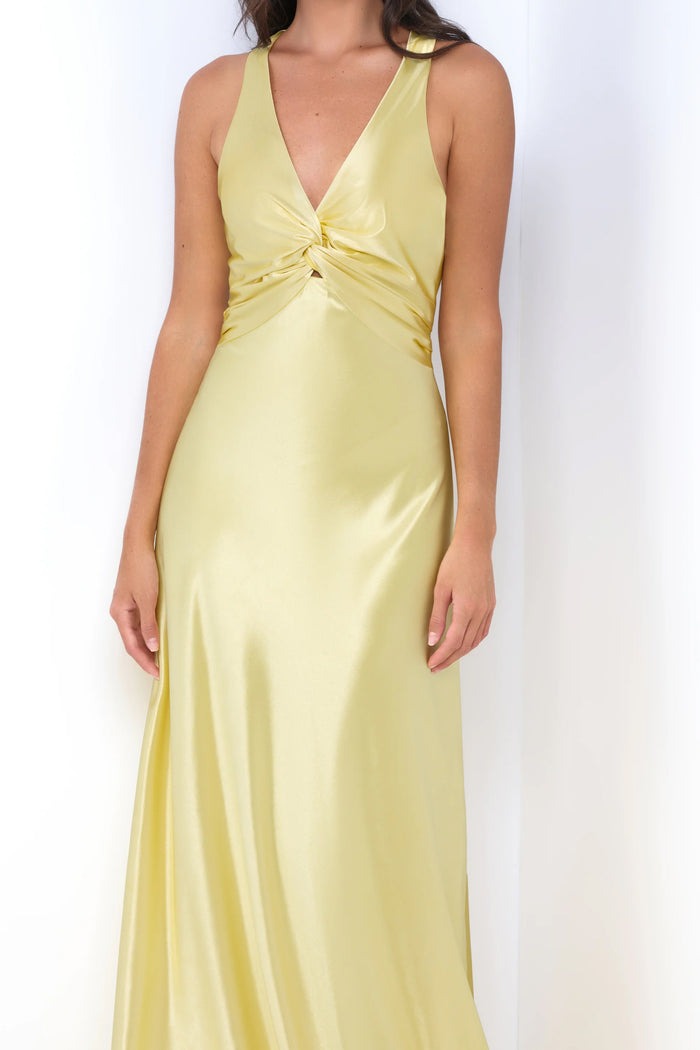 Twist V-neck Yellow Open Back Sheath Maxi Dress