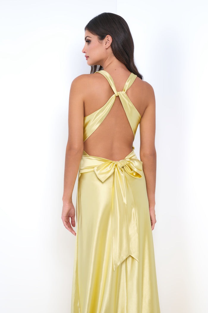 Twist V-neck Yellow Open Back Sheath Maxi Dress