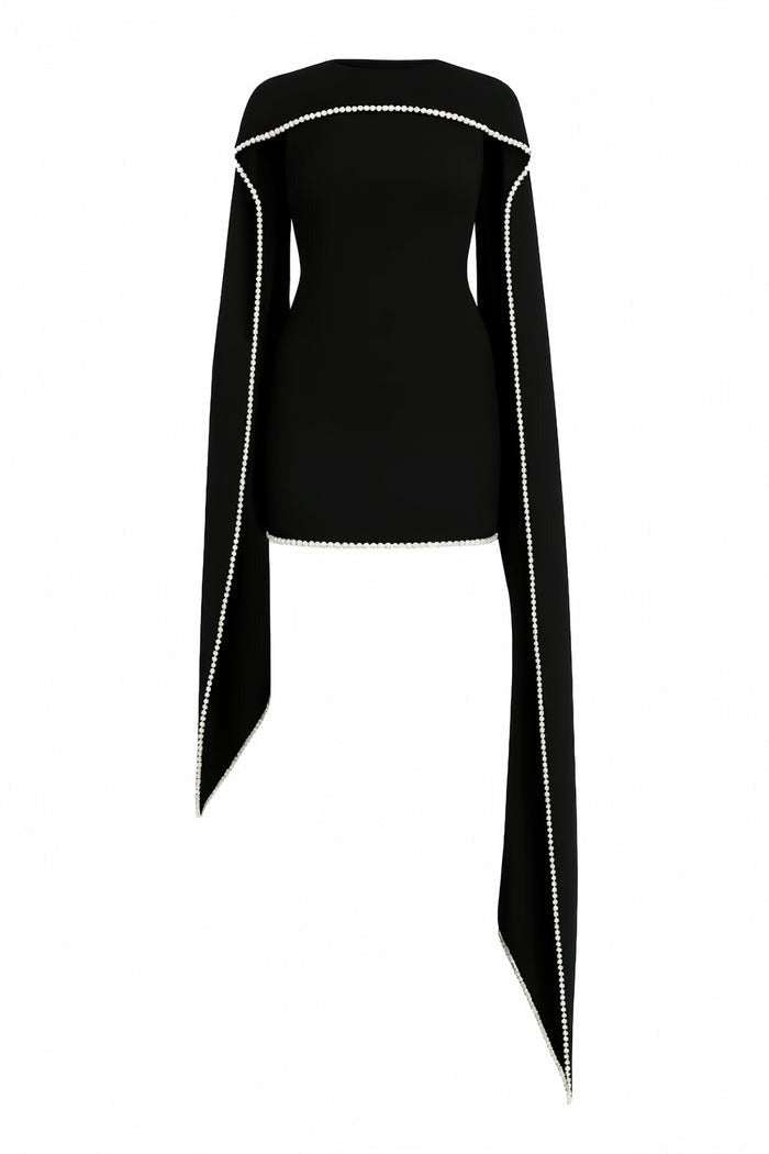 Piroska Black Sleeveless Pearl Trim Mini Dress