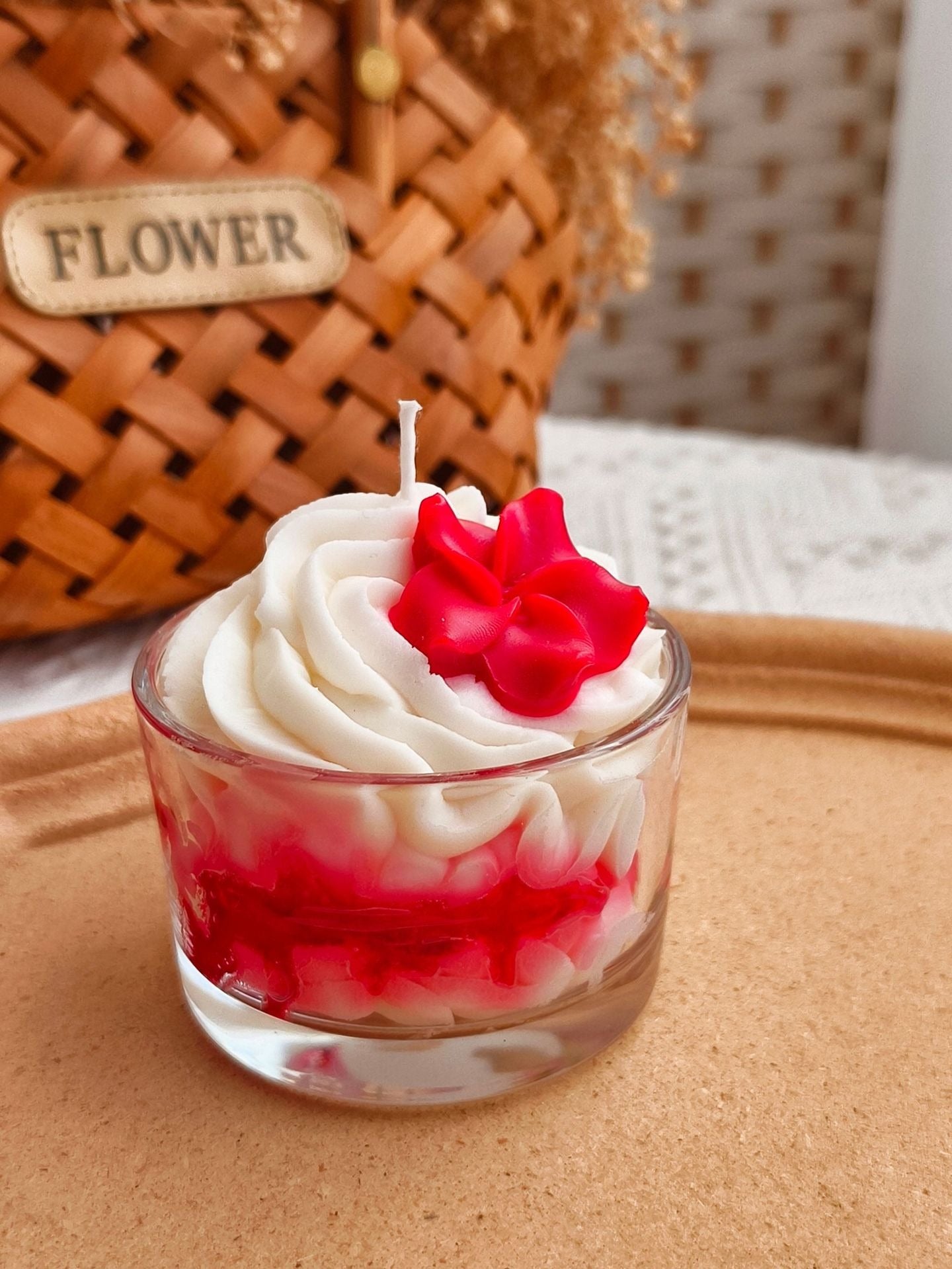 Red Floral Cream Cake Candle – Strawberry Scent | Handcrafted Decorative Candle