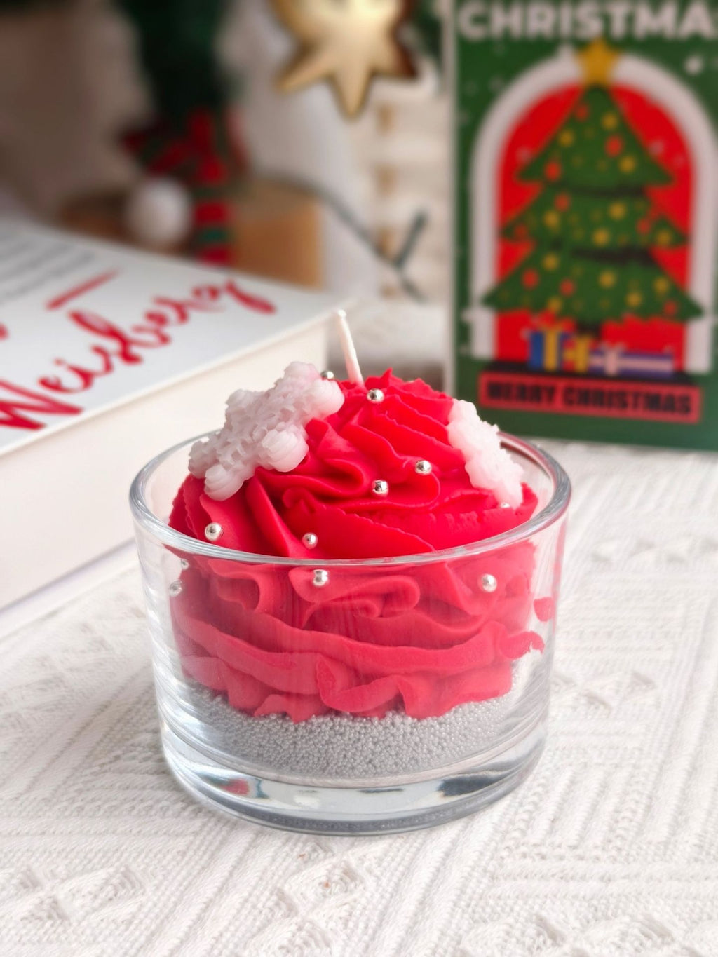 Christmas Red Cream Cake Candle – Strawberry Scent | Handcrafted Holiday Candle