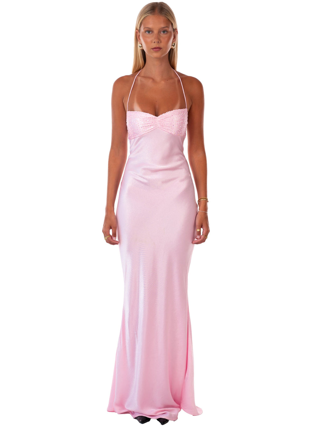 Beaded Sequin Bust Pink Maxi Dress