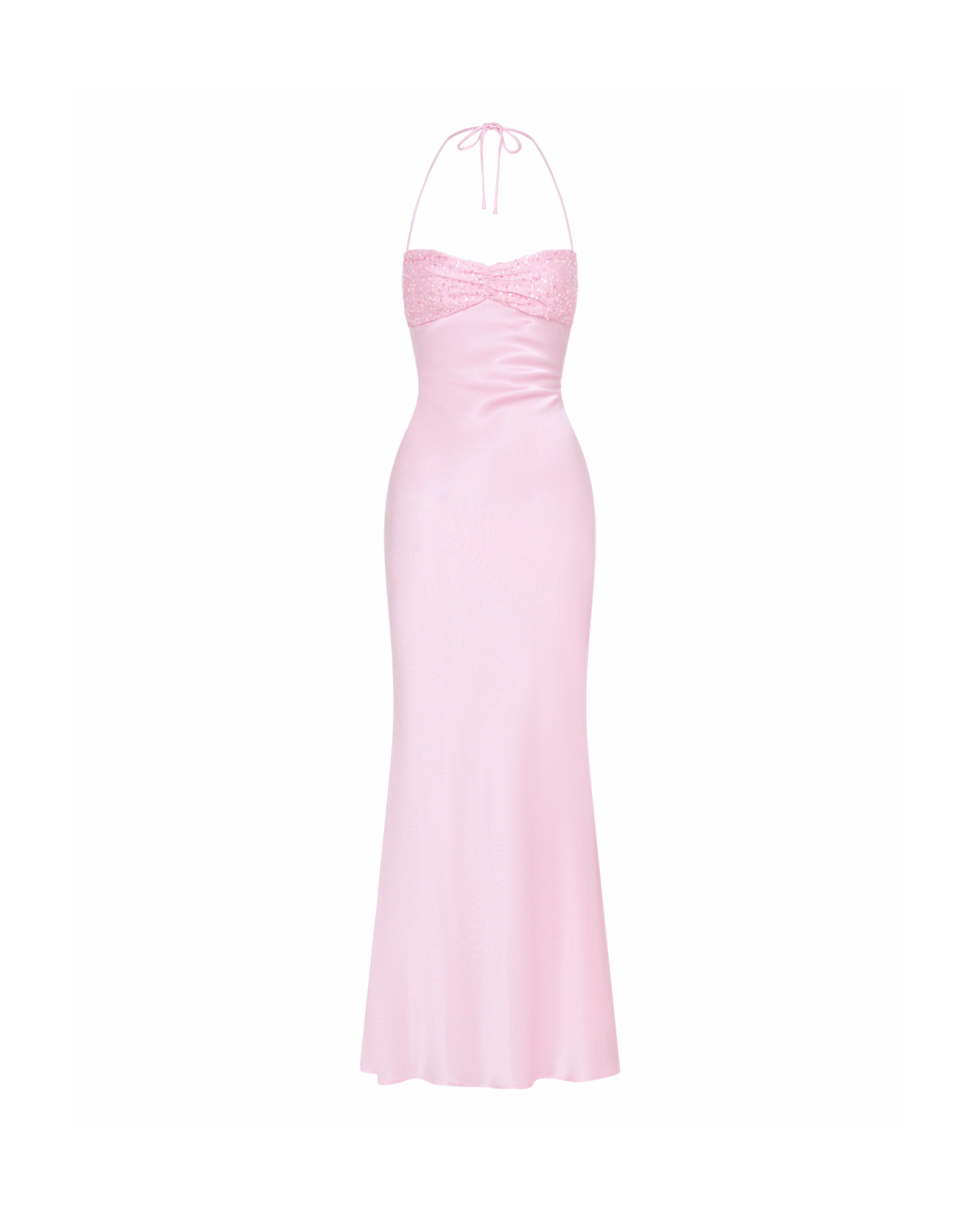Beaded Sequin Bust Pink Maxi Dress