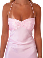 Beaded Sequin Bust Pink Maxi Dress
