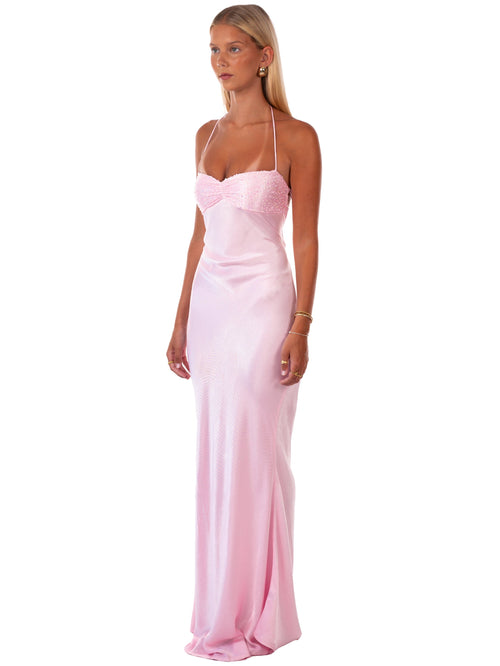 Beaded Sequin Bust Pink Maxi Dress