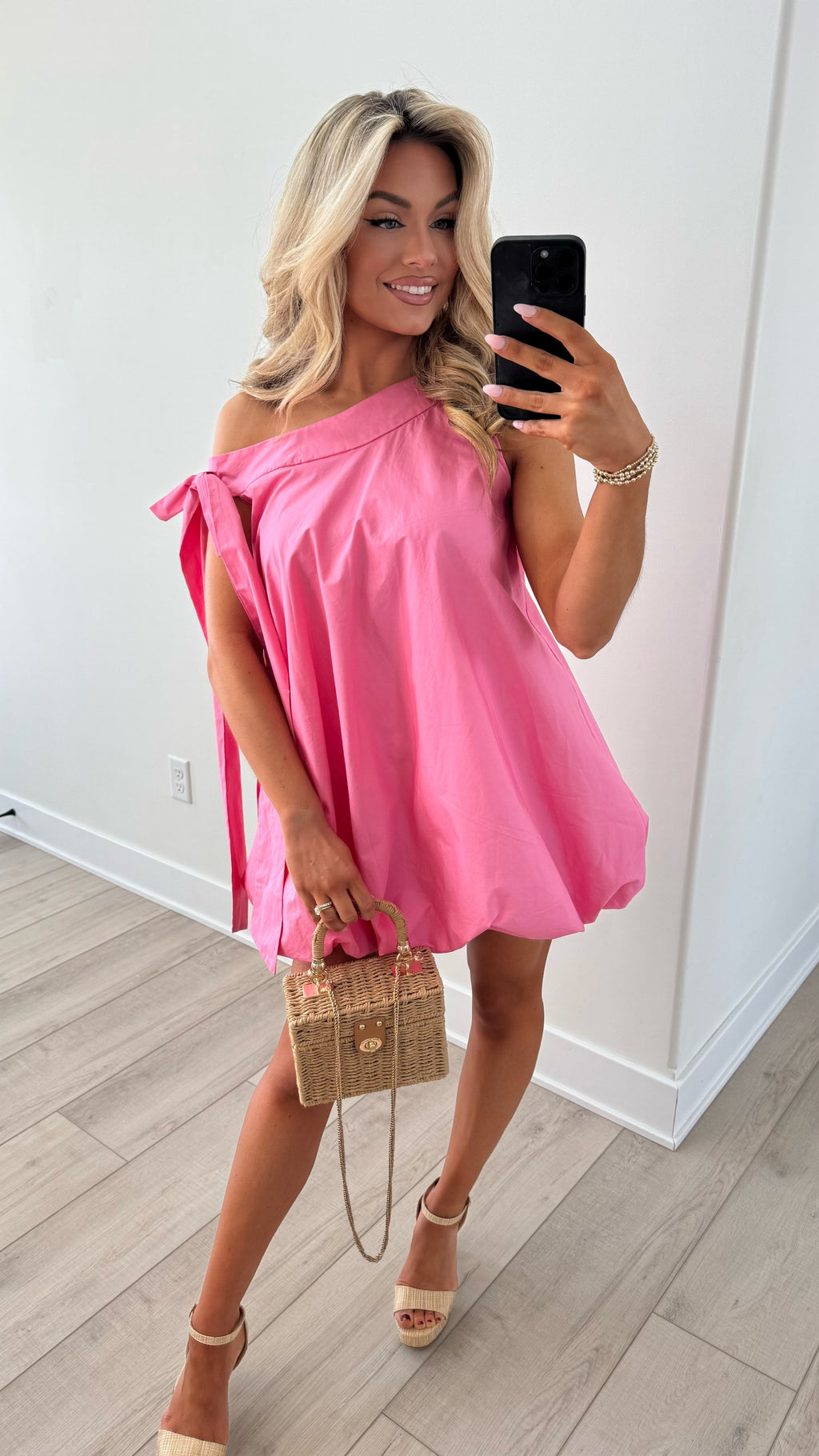 Sweet One Shoulder Bubble Dress Pink