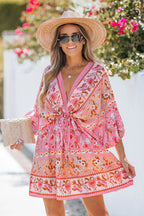 Floral Paisley Print Drawstring Mini Dress