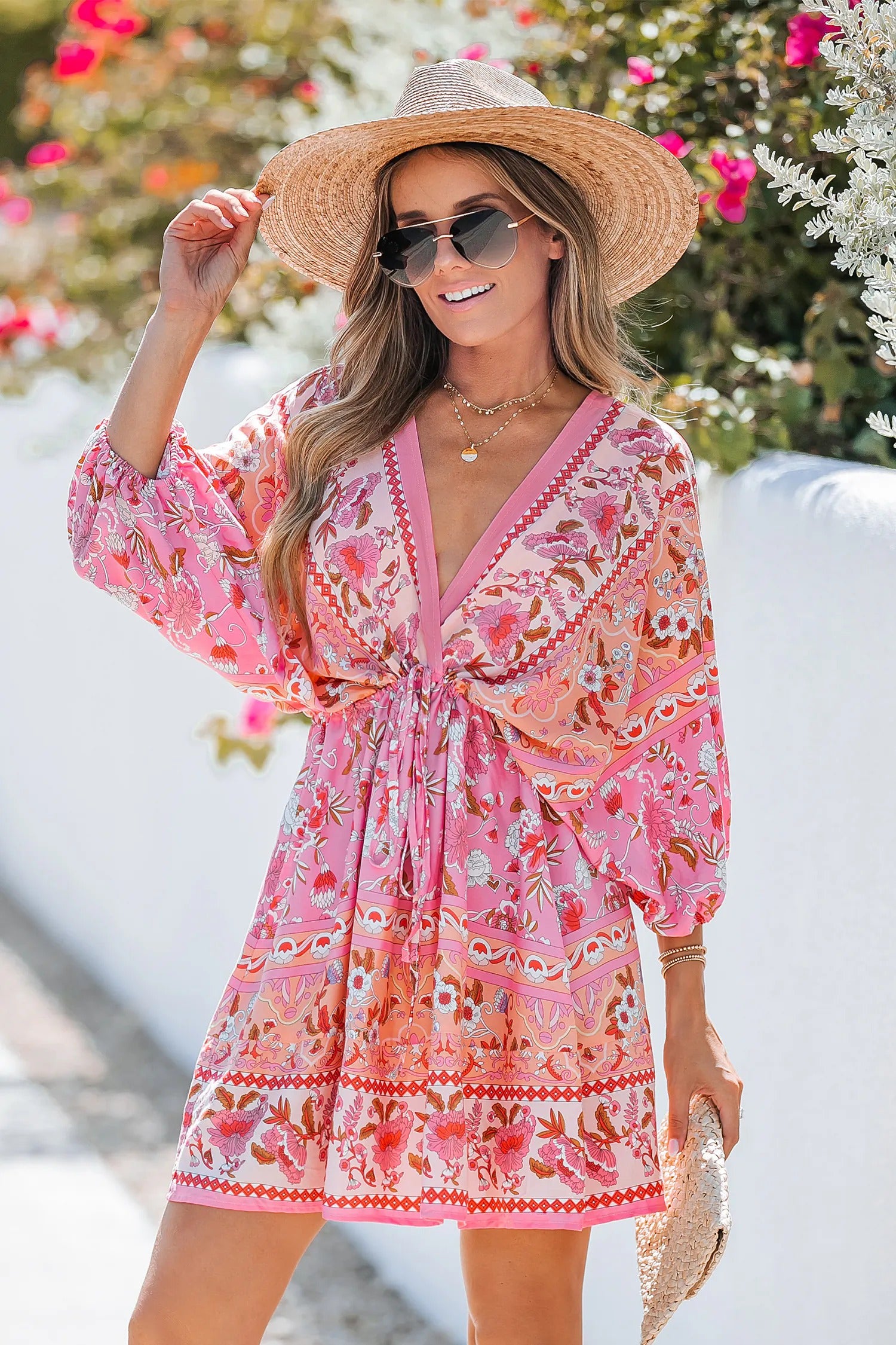 Floral Paisley Print Drawstring Mini Dress