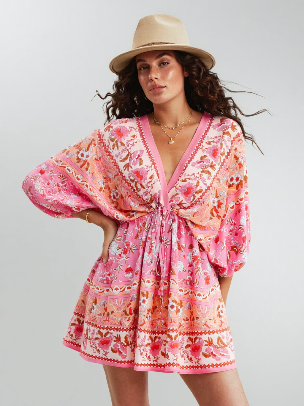 Floral Paisley Print Drawstring Mini Dress