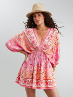 Floral Paisley Print Drawstring Mini Dress