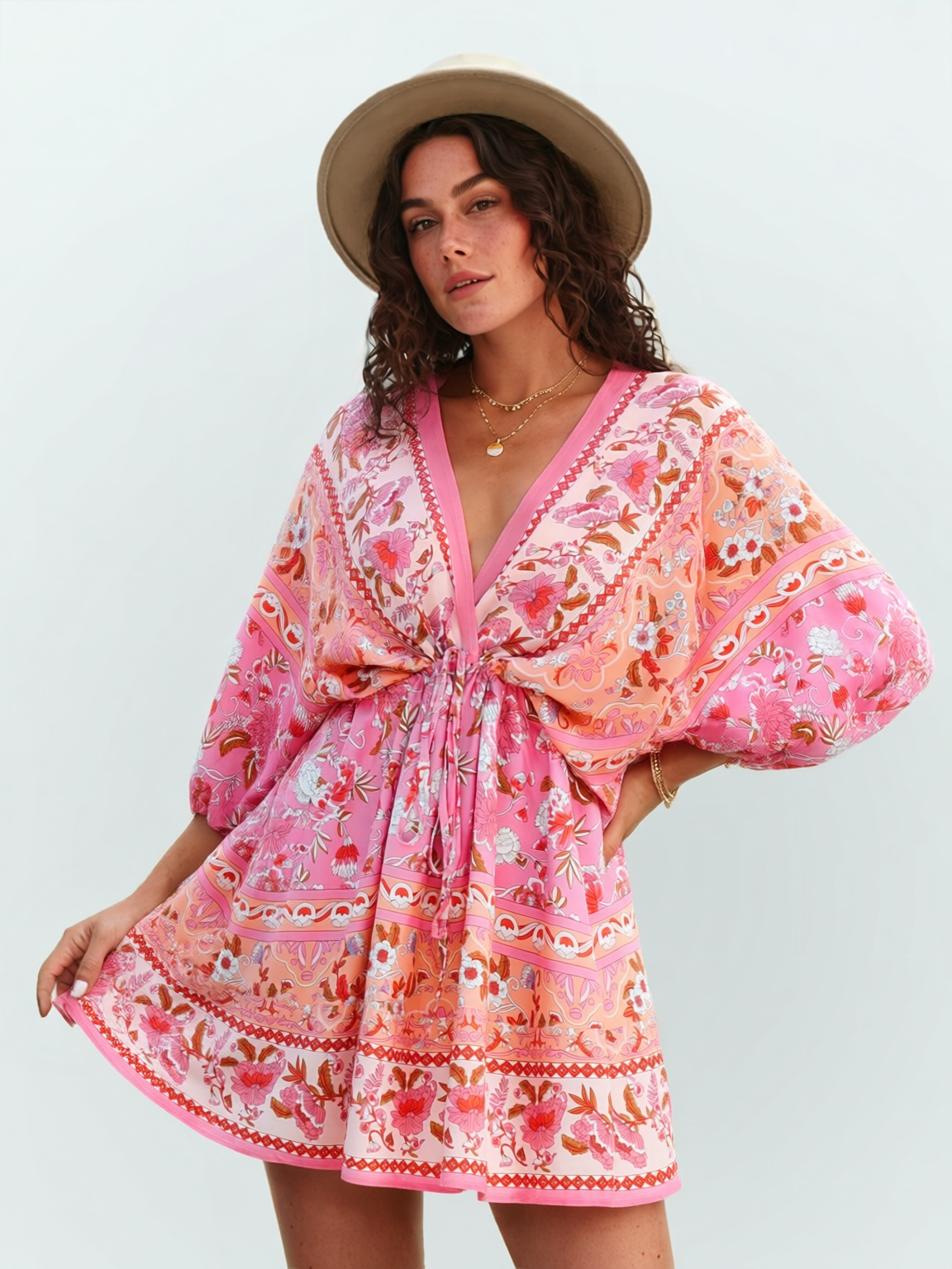Floral Paisley Print Drawstring Mini Dress
