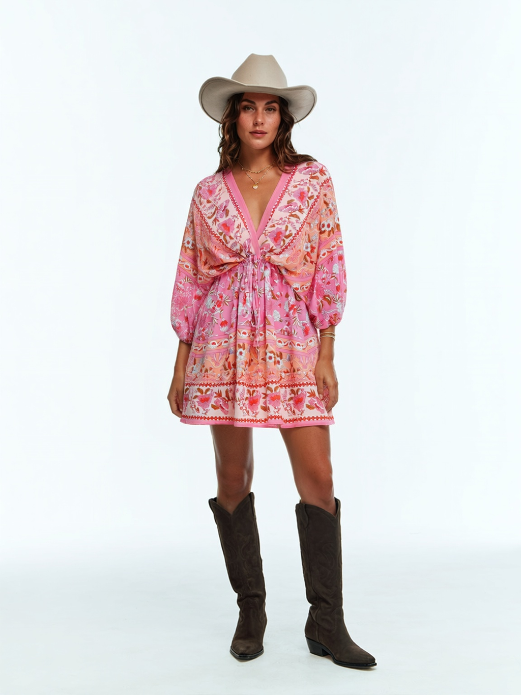 Floral Paisley Print Drawstring Mini Dress