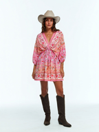 Floral Paisley Print Drawstring Mini Dress
