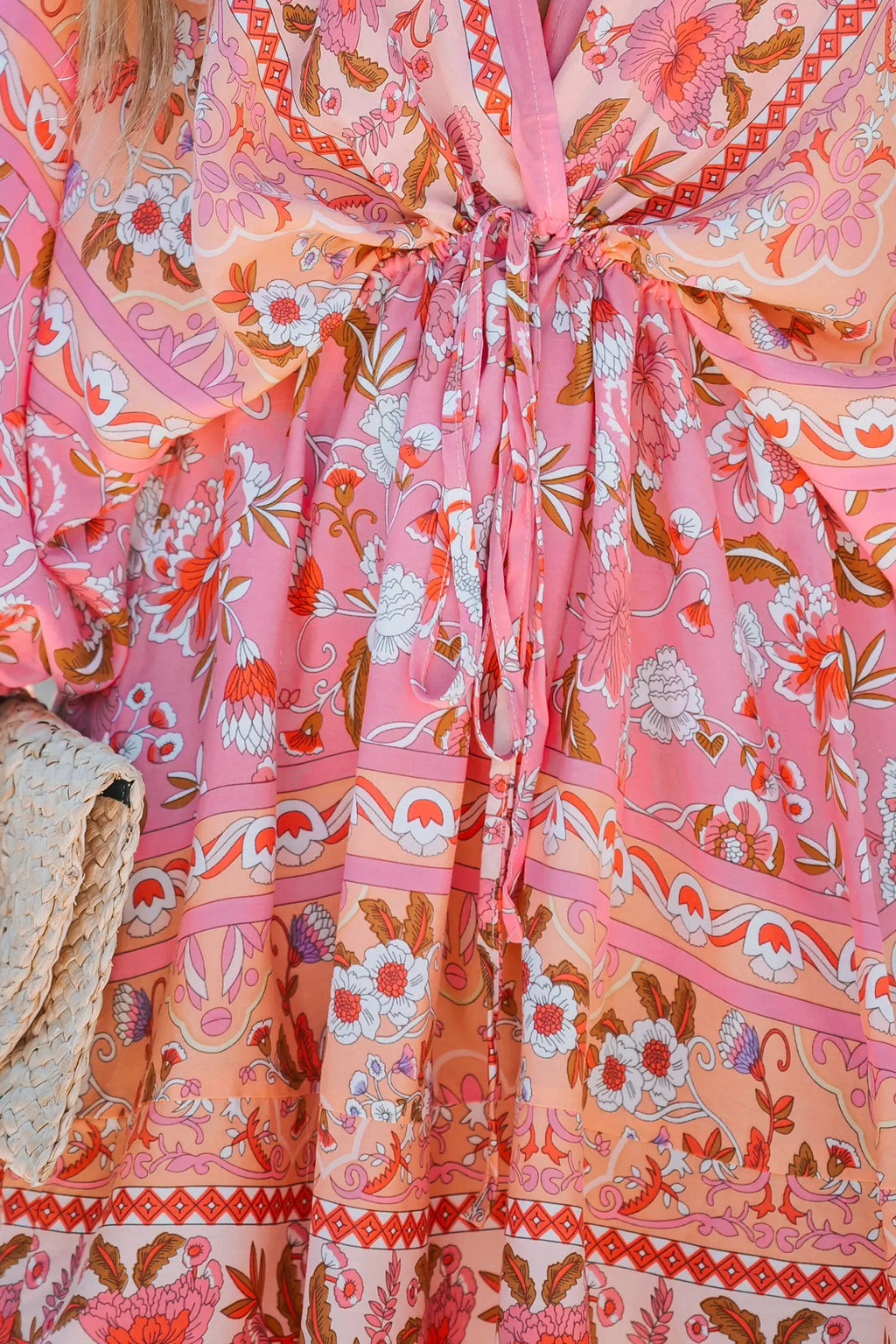 Floral Paisley Print Drawstring Mini Dress