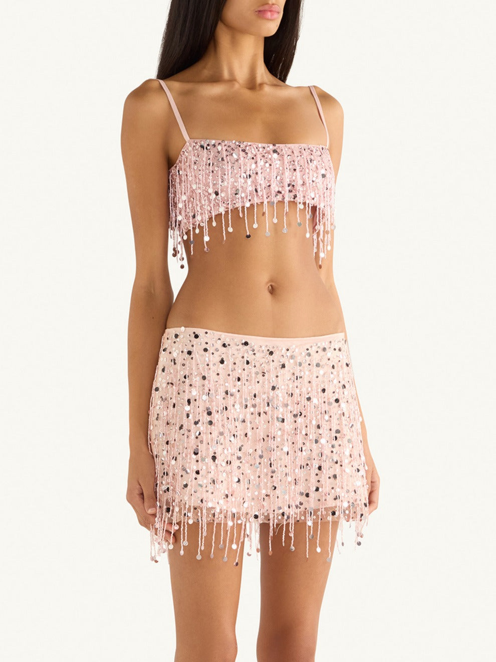Yasmin Hand Beaded Bralette & Mini Skirt Set - Blush Pink