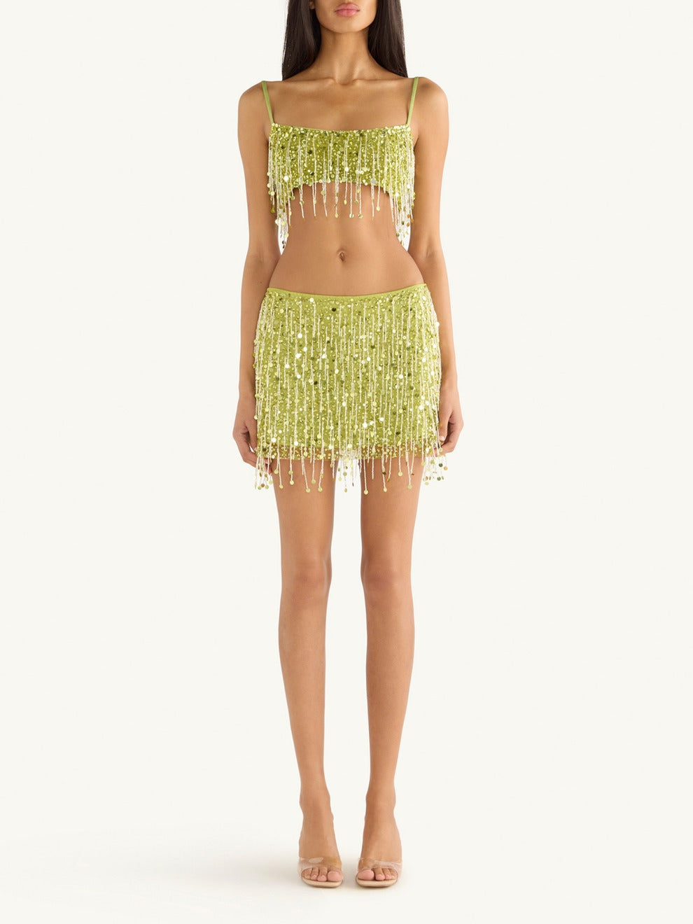 Yasmin Hand Beaded Bralette & Mini Skirt Set - Chartreuse