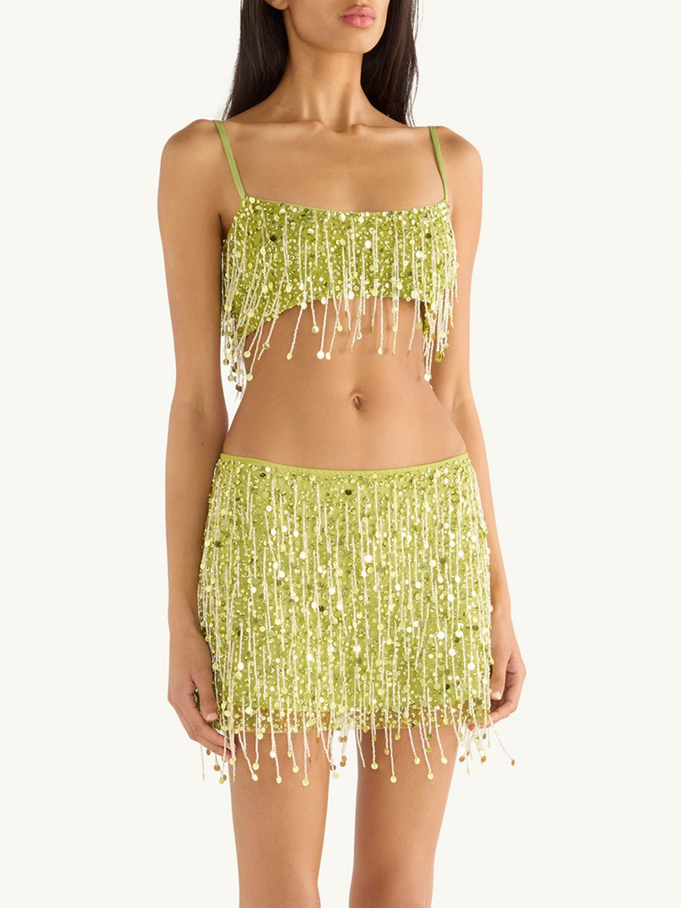 Yasmin Hand Beaded Bralette & Mini Skirt Set - Chartreuse