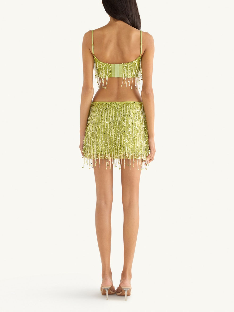 Yasmin Hand Beaded Bralette & Mini Skirt Set - Chartreuse