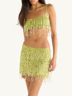 Yasmin Hand Beaded Bralette & Mini Skirt Set - Chartreuse