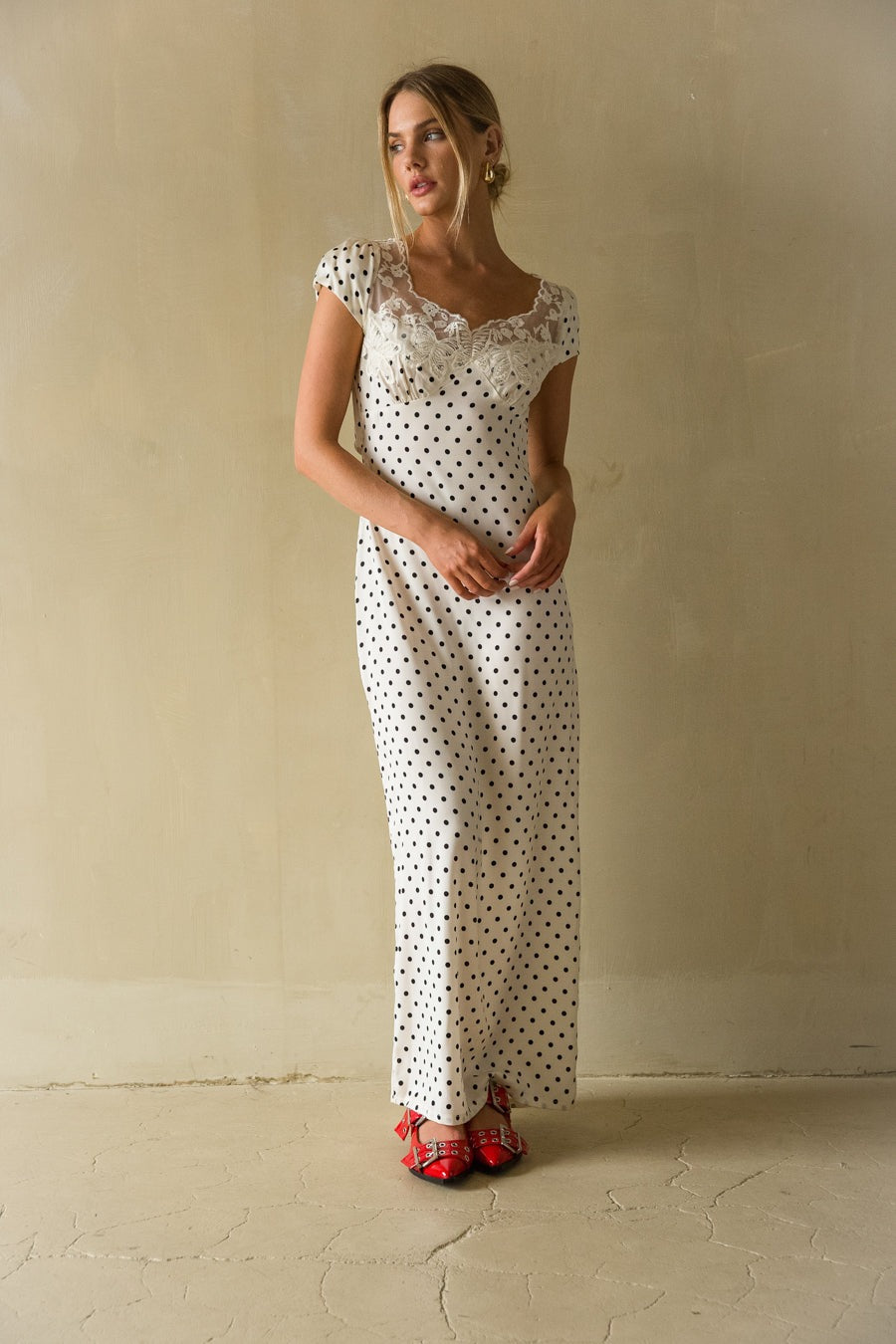 Belladonna Lace-Trim Polka Dot Maxi Dress