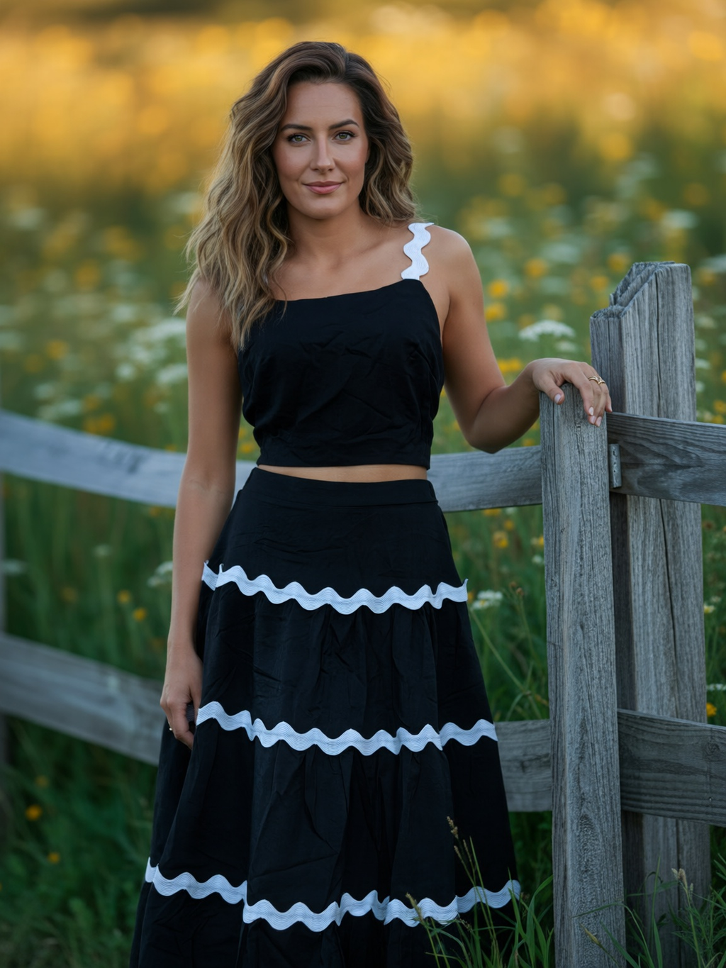 Midnight Elegance Two-Piece Contrast Ruffle Set