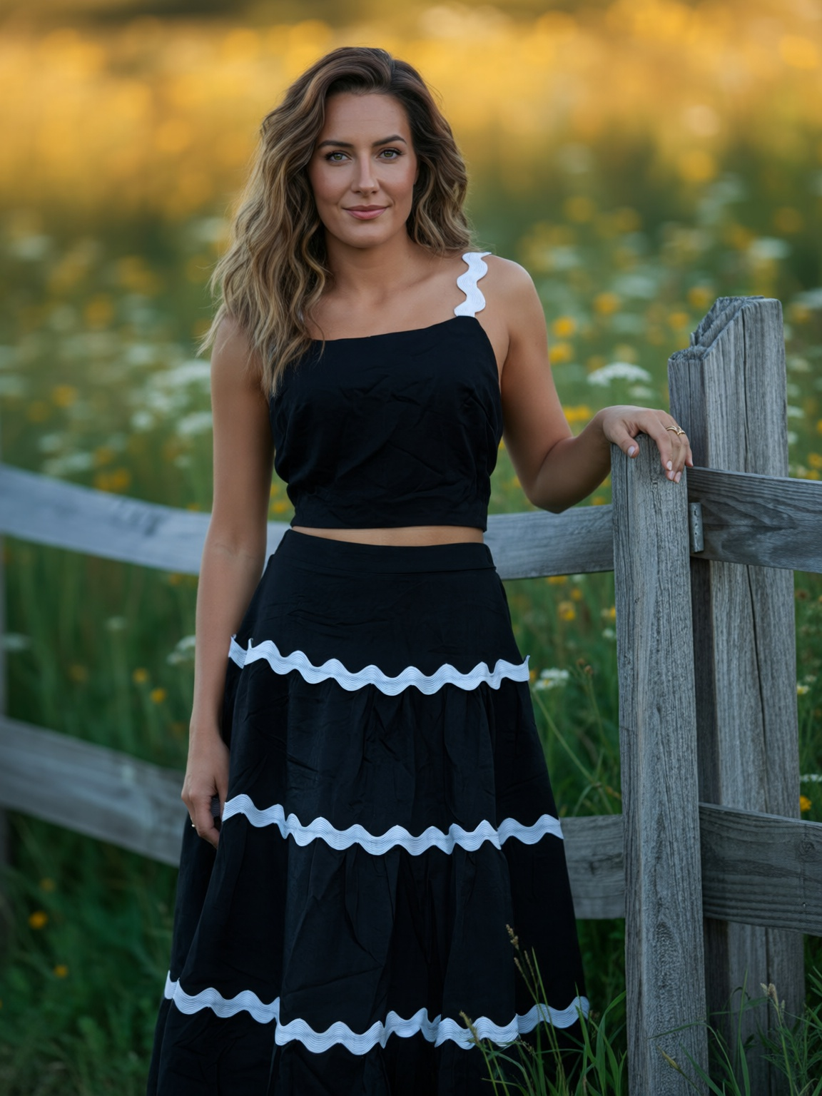 Midnight Elegance Two-Piece Contrast Ruffle Set