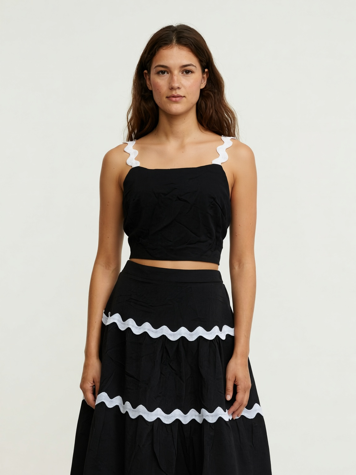 Midnight Elegance Two-Piece Contrast Ruffle Set