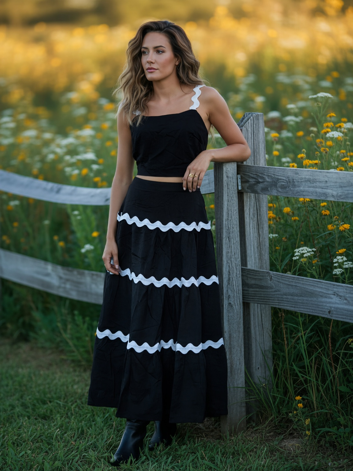 Midnight Elegance Two-Piece Contrast Ruffle Set