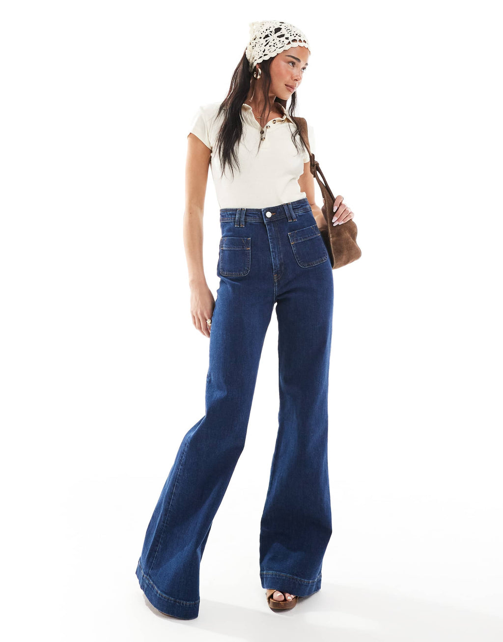 High Rise Flared Jeans with Patch Pockets in Dark Blue Wash
