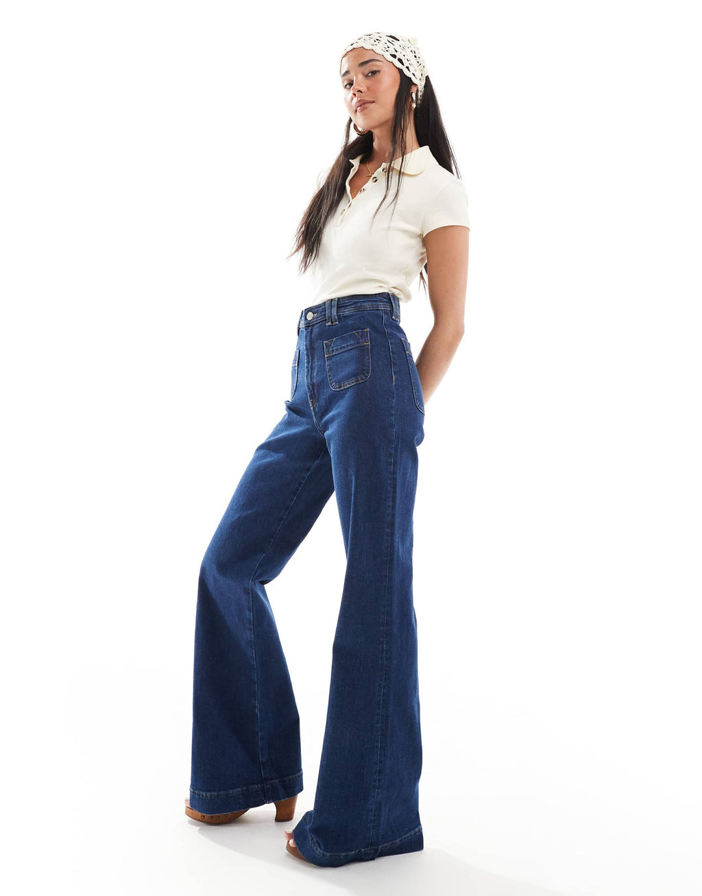 High Rise Flared Jeans with Patch Pockets in Dark Blue Wash