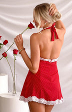 Lace Trim Red Polka Dot Mini Dress