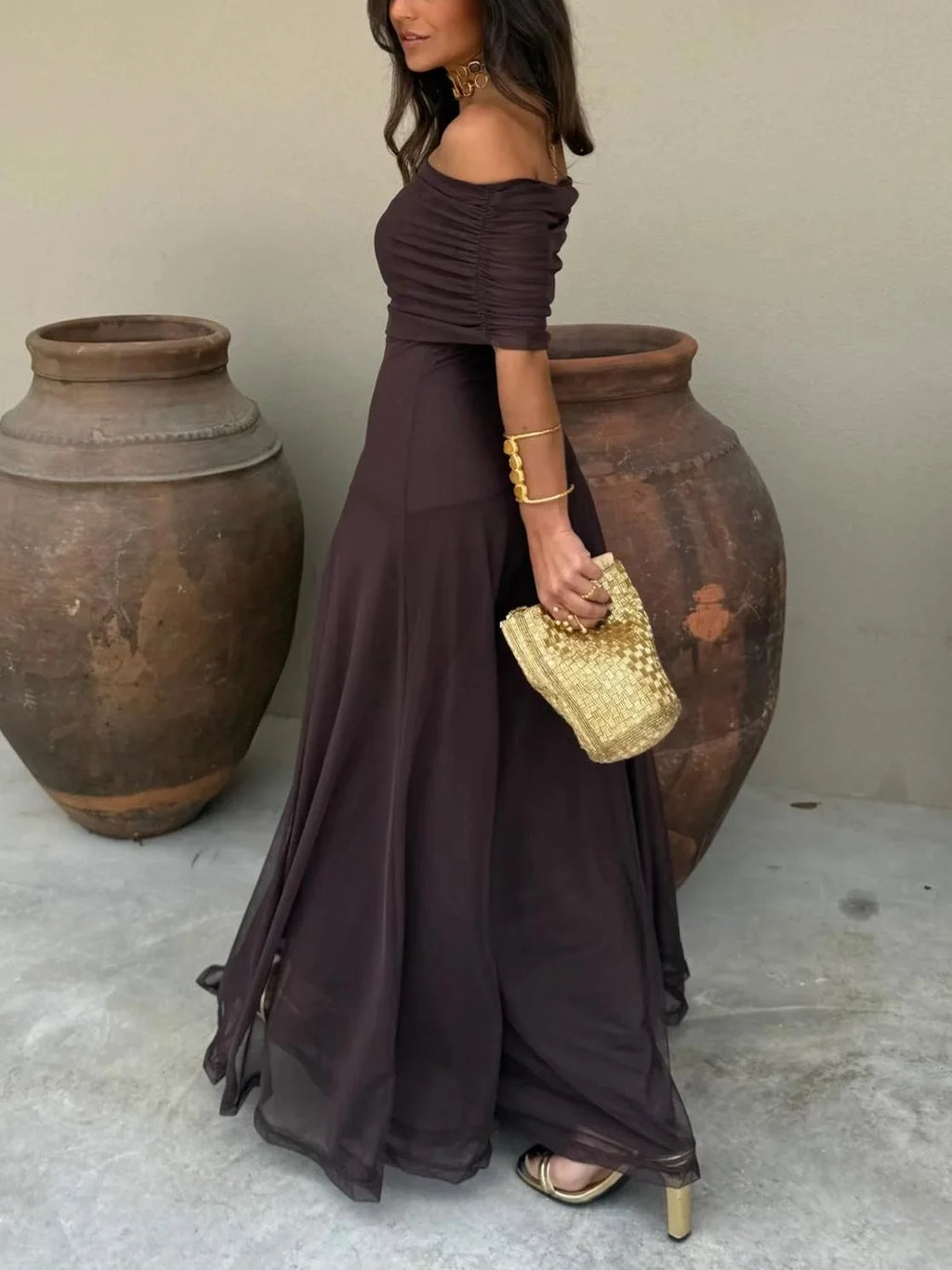 Seraphina Ruched Mesh Maxi Dress – Espresso