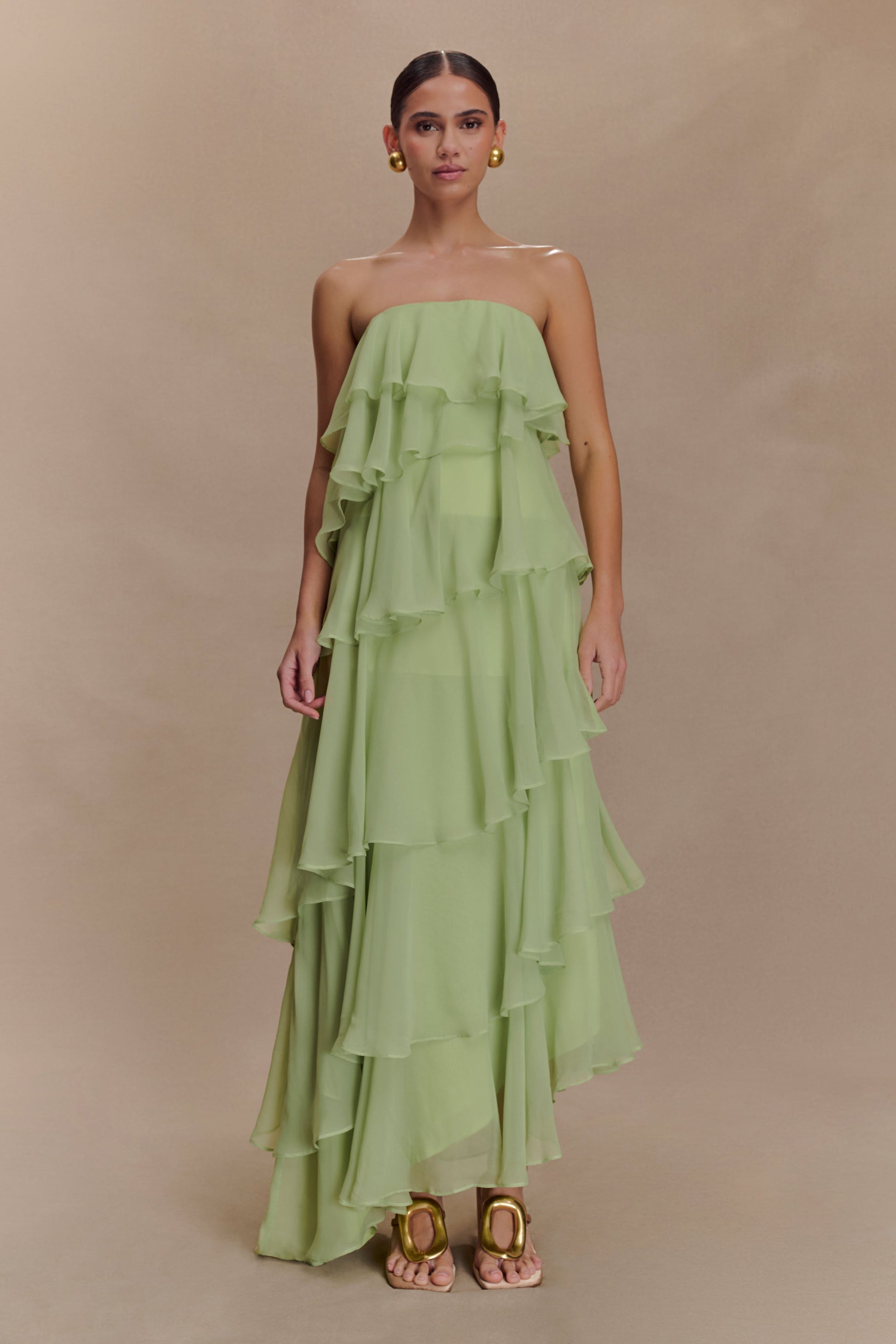 Sage Green Strapless Tiered Ruffle Maxi Dress