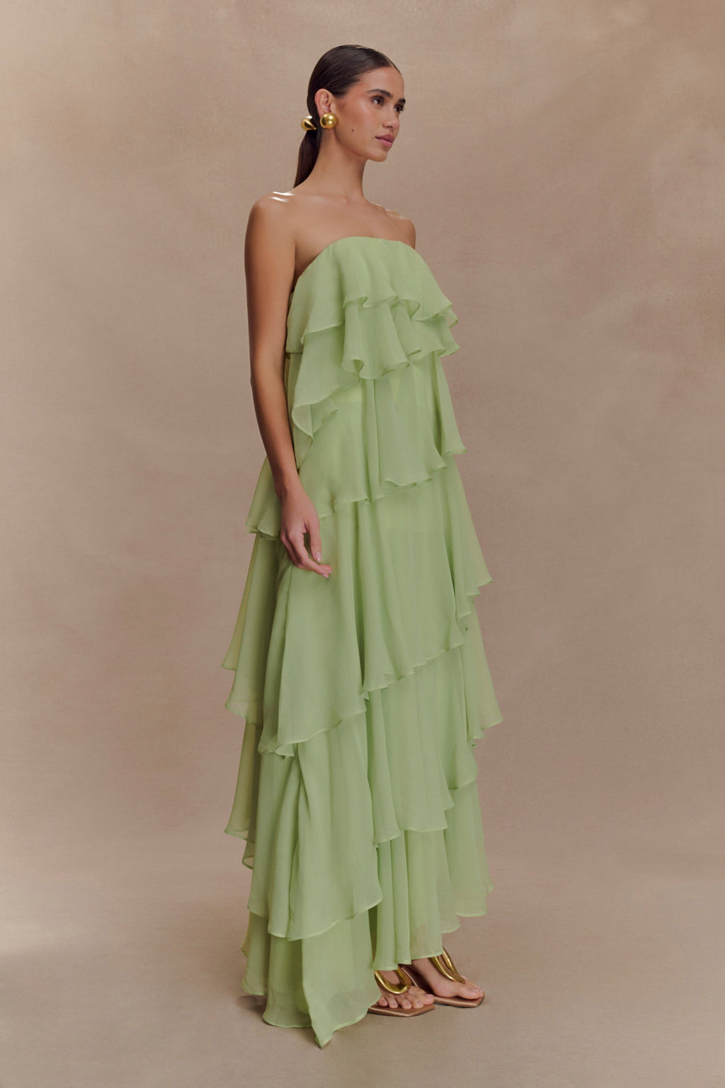 Sage Green Strapless Tiered Ruffle Maxi Dress