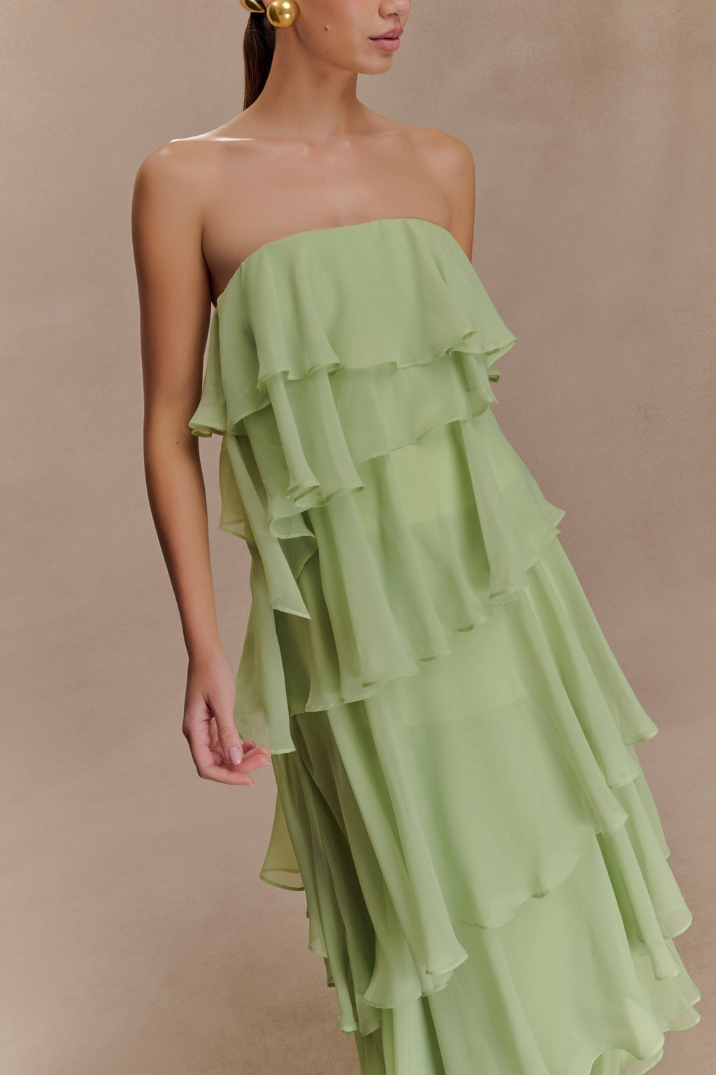 Sage Green Strapless Tiered Ruffle Maxi Dress