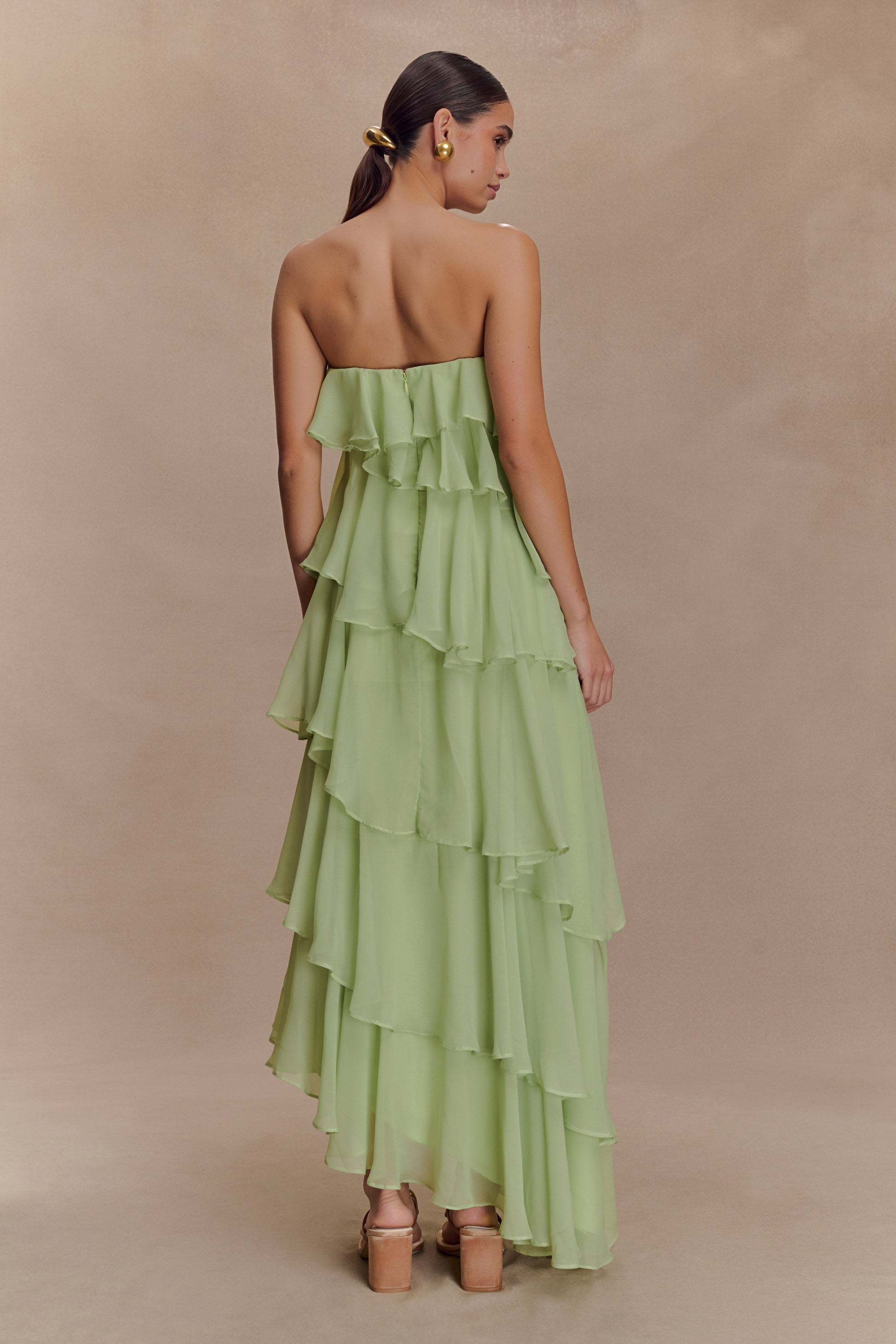 Sage Green Strapless Tiered Ruffle Maxi Dress