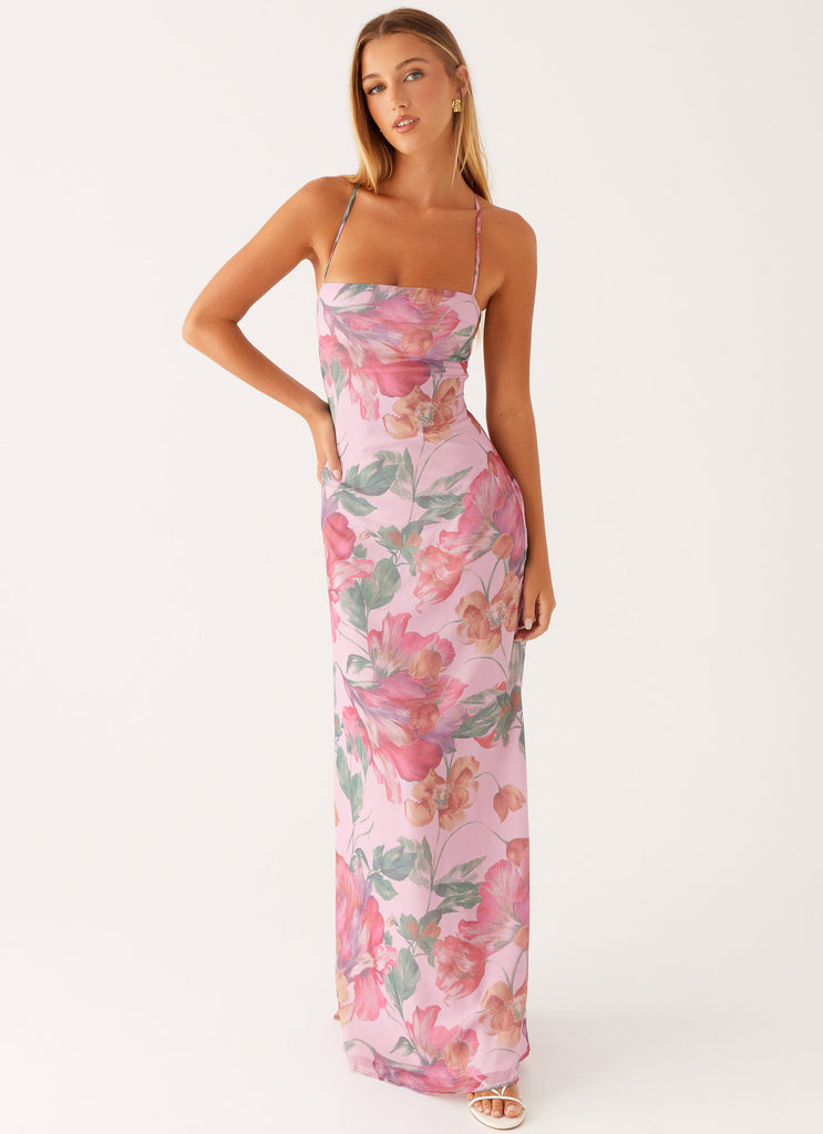 Pink Floral Chiffon Maxi Dress