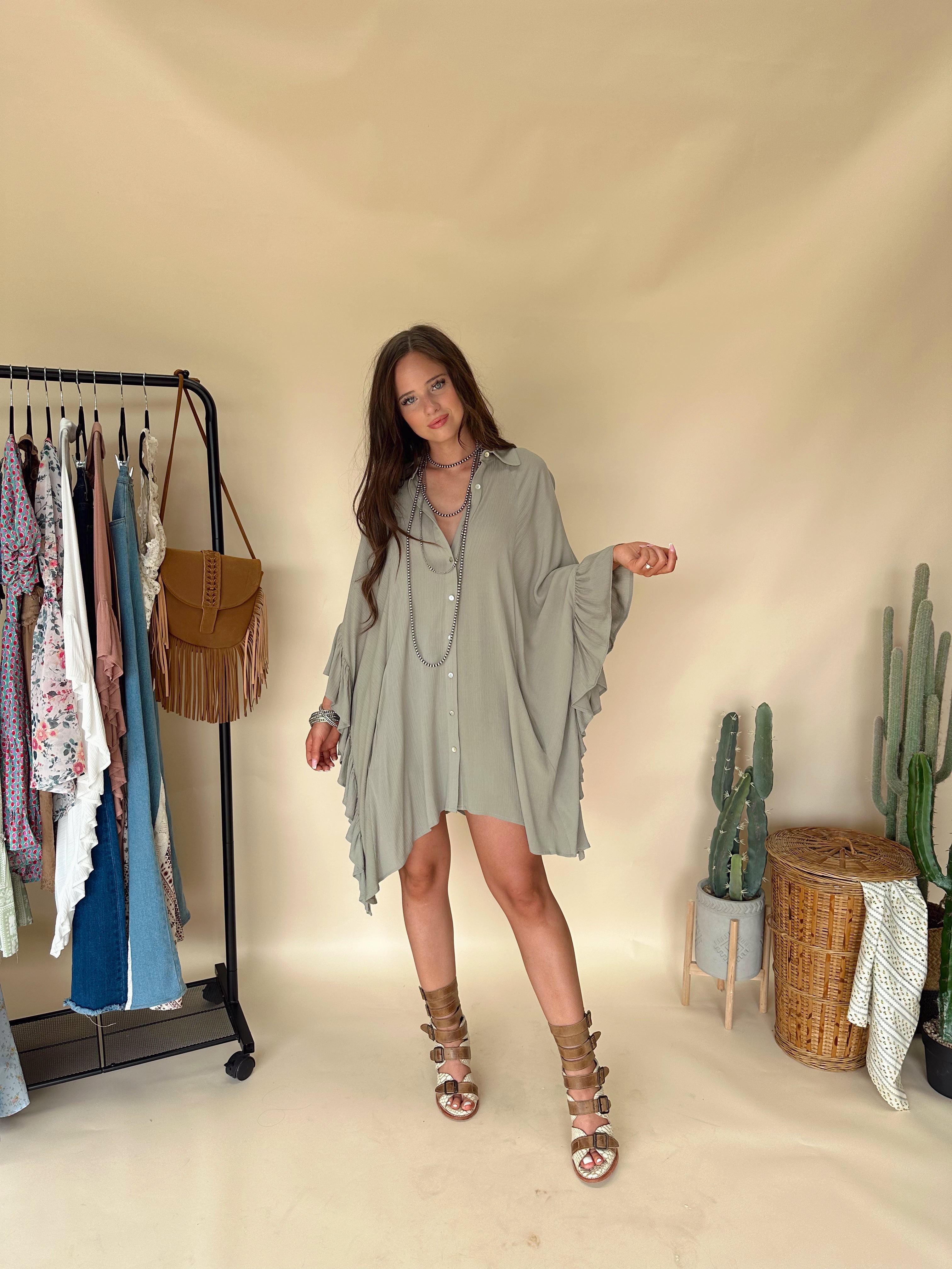 Sage Ruffle Hem Oversized Tunic Top