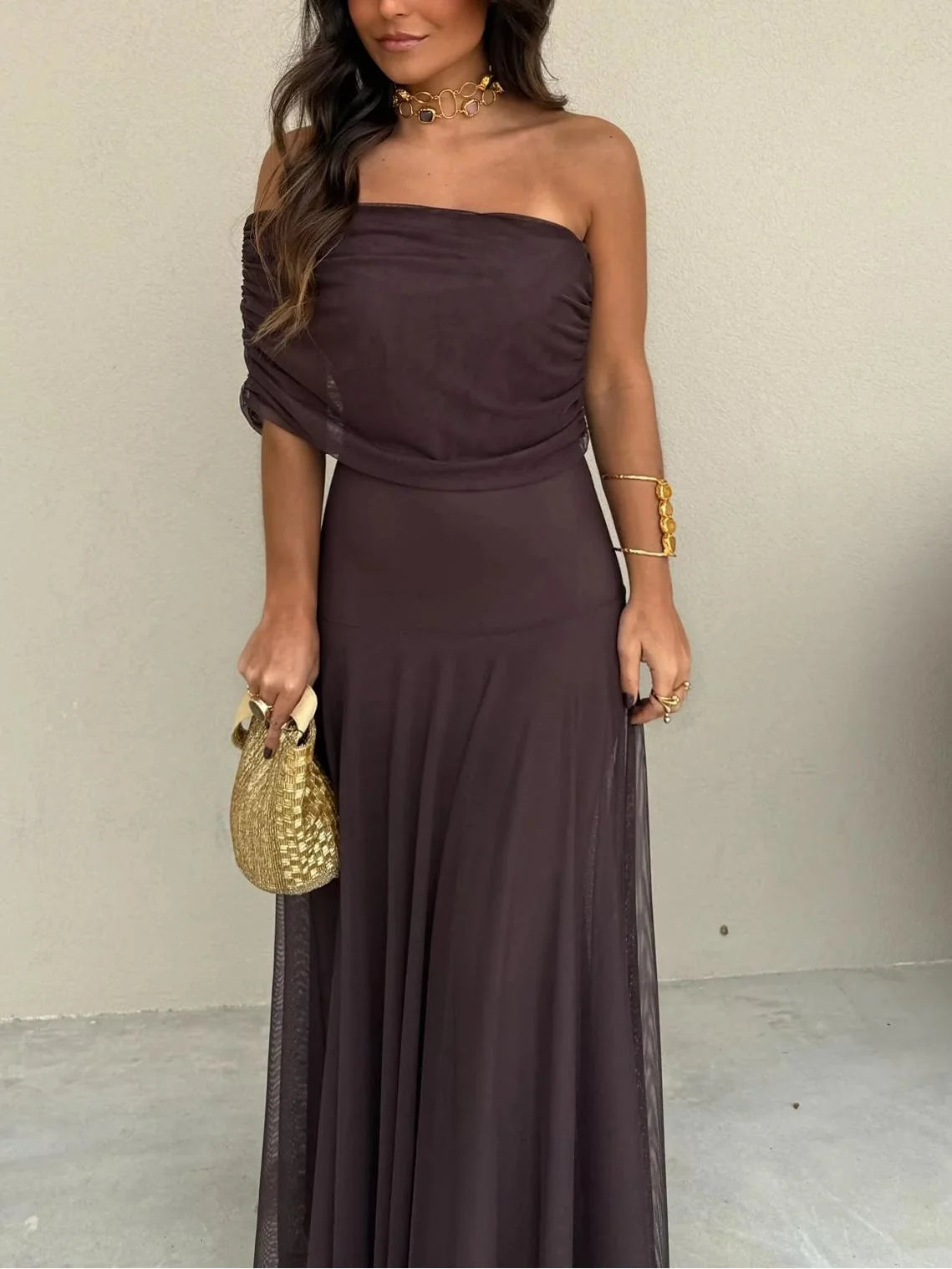 Seraphina Ruched Mesh Maxi Dress – Espresso