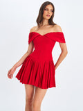 Narelle Crimson Off-Shoulder Sweetheart Drop Waist Mini Dress