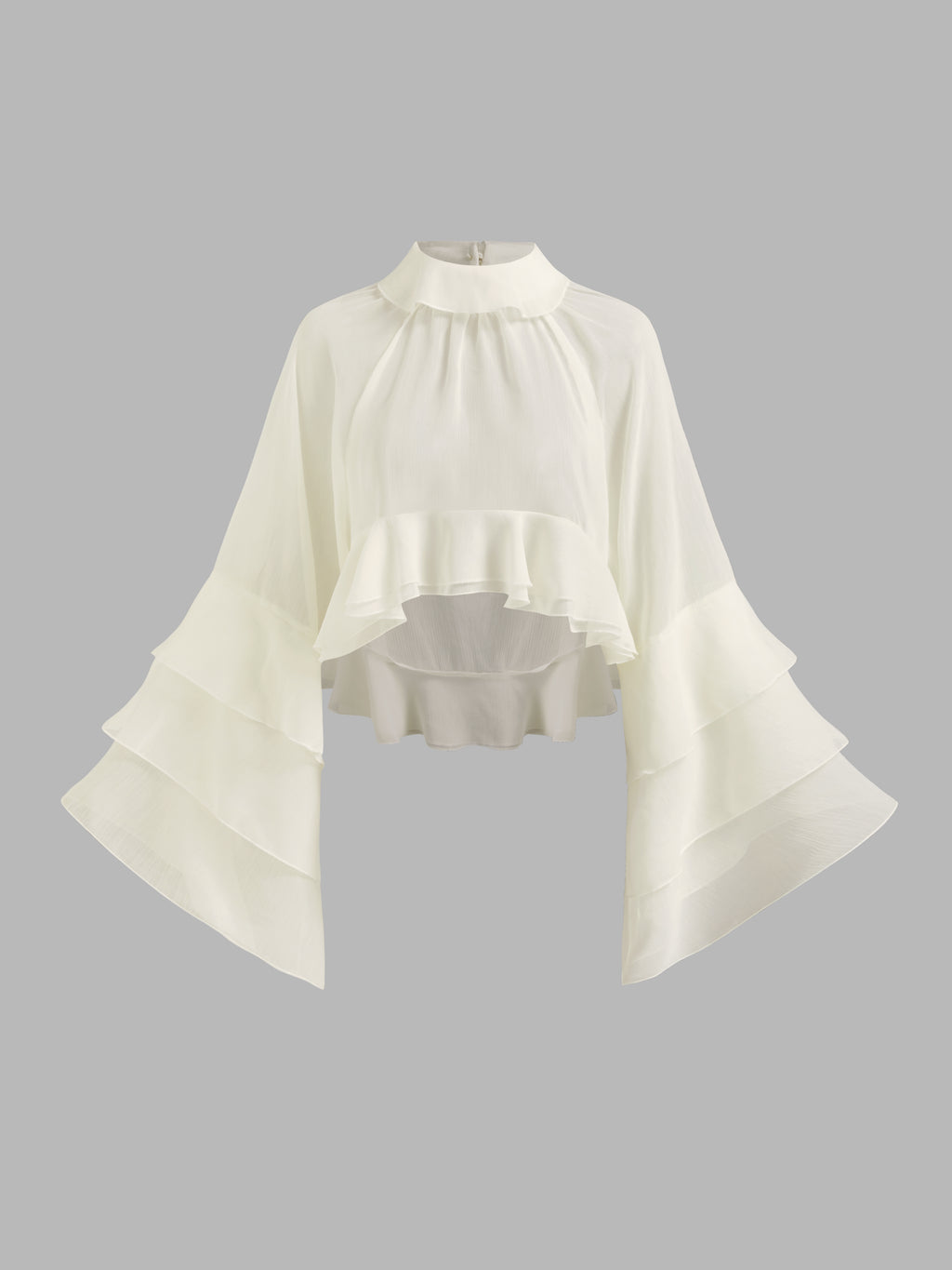 Chiffon High Neck Ruffle Dolman sleeve See-Through Crop Blouse