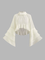 Chiffon High Neck Ruffle Dolman sleeve See-Through Crop Blouse