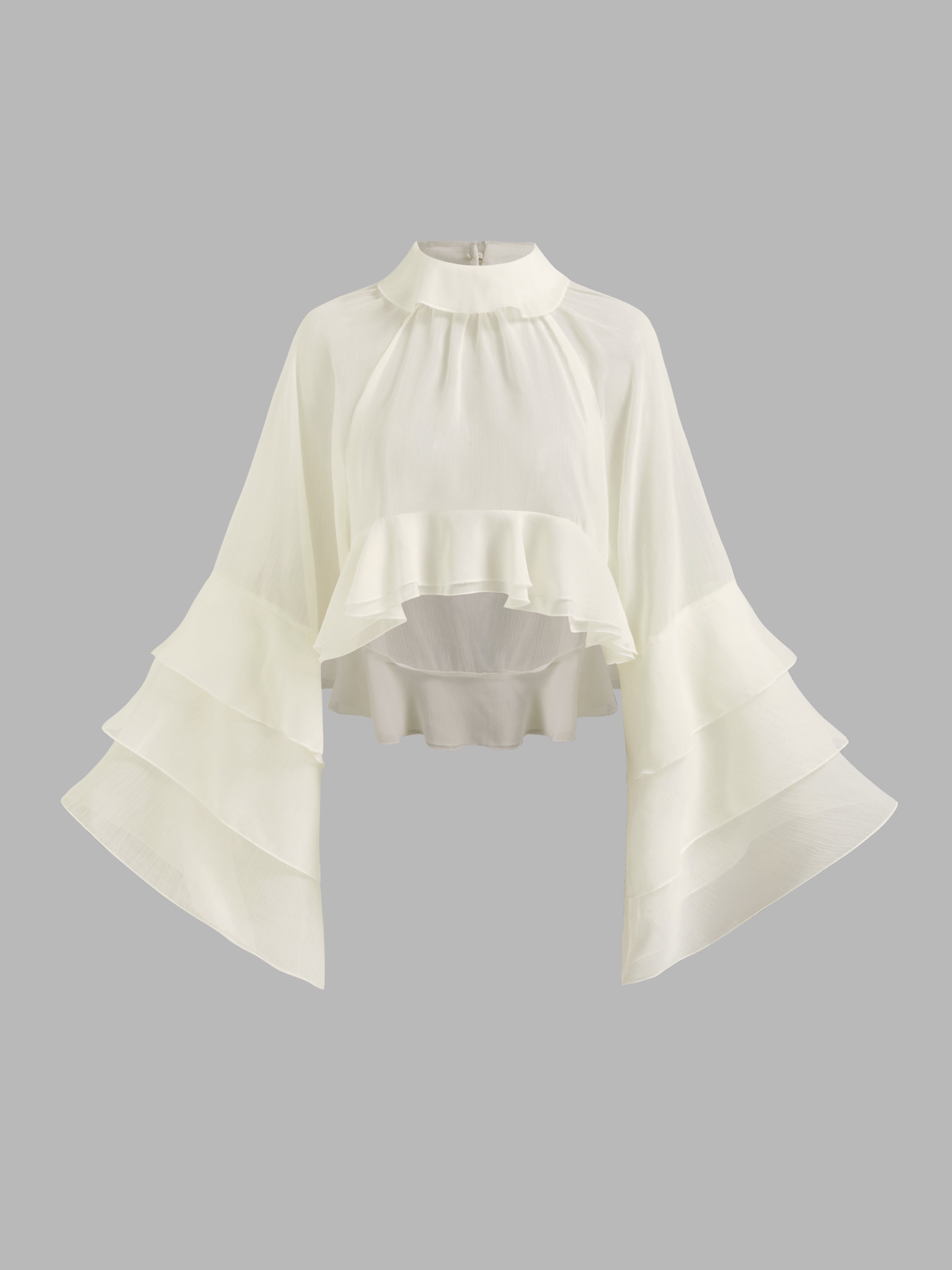 Chiffon High Neck Ruffle Dolman sleeve See-Through Crop Blouse