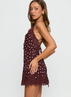 Call My Lover Lace Slip Mini Dress Brown Polka Dot