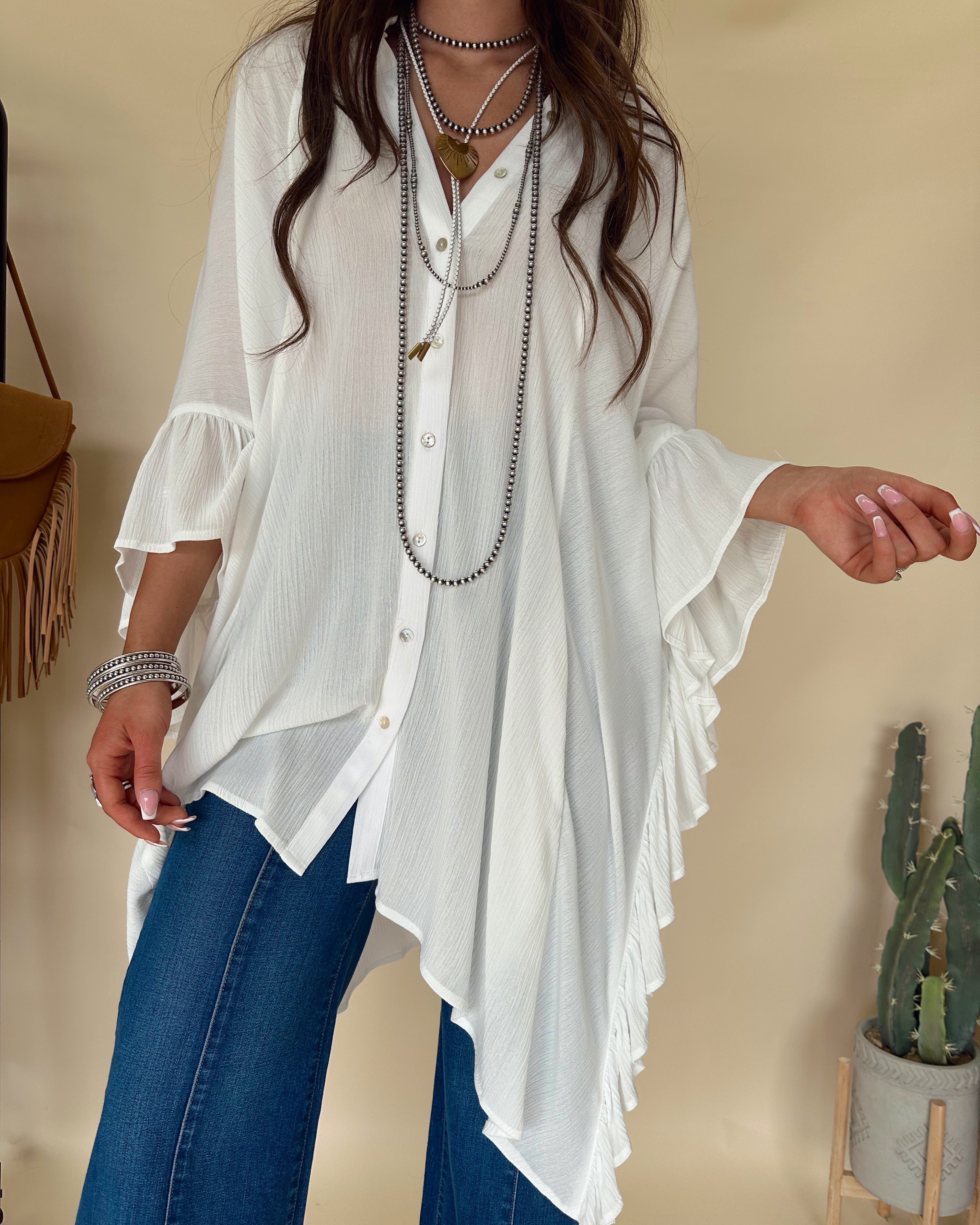 White Ruffle Hem Oversized Tunic Top