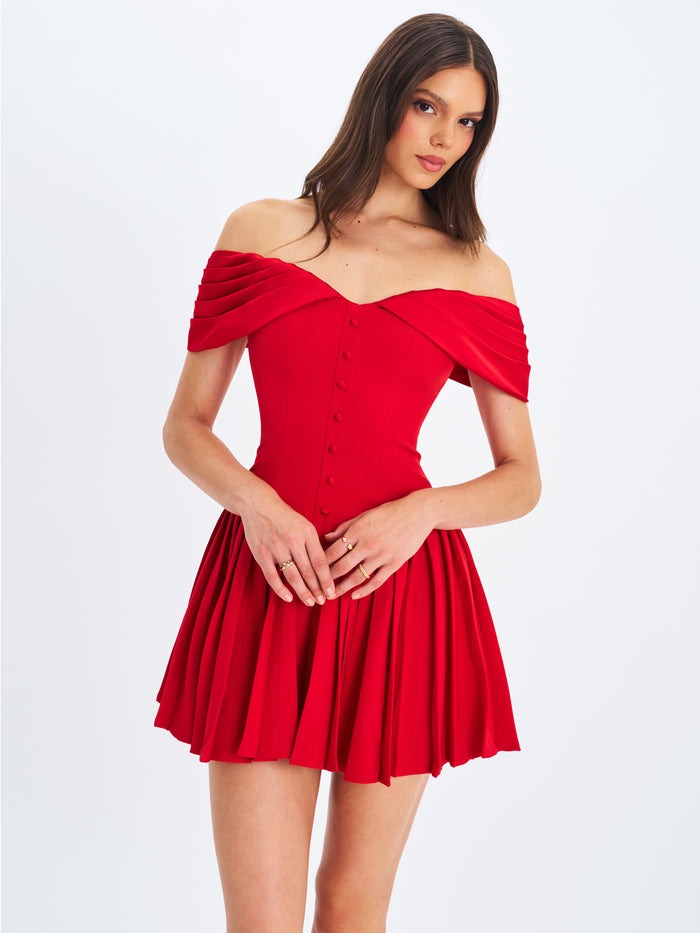 Narelle Crimson Off-Shoulder Sweetheart Drop Waist Mini Dress