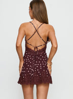 Call My Lover Lace Slip Mini Dress Brown Polka Dot