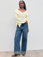 Denim Mid Rise Solid Roll Hem Straight Leg Jeans