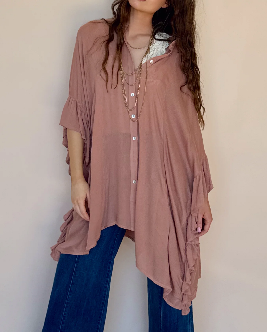 Mauve Ruffle Hem Oversized Tunic Top